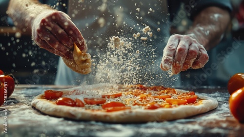 Male hands using flour sprinkles to make pizza dough. Generative Ai photo