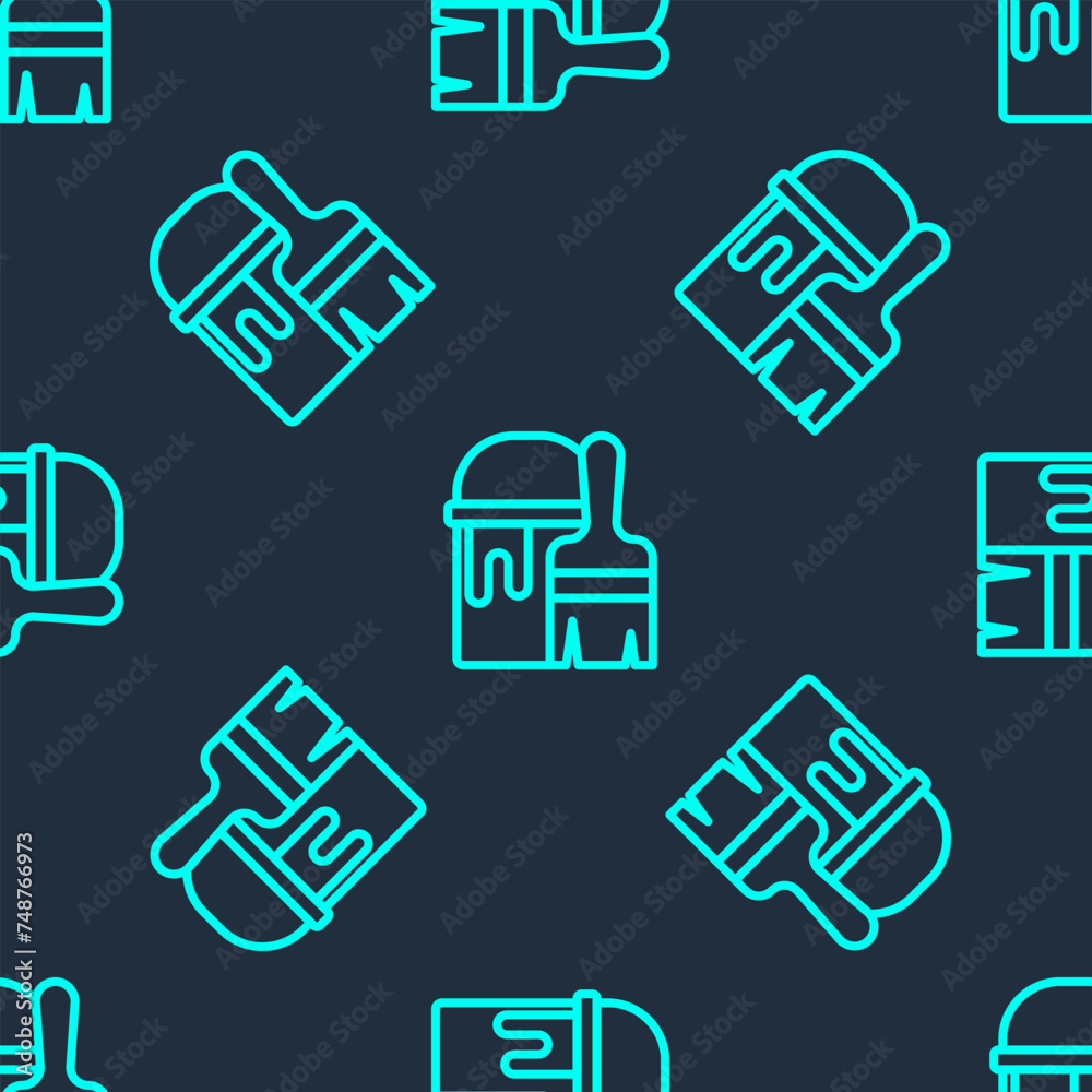 Green line Paint bucket with brush icon isolated seamless pattern on blue background. Vector