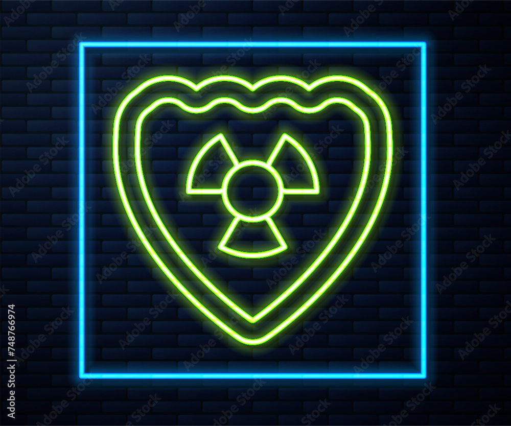 Glowing neon line Radioactive in shield icon isolated on brick wall background. Radioactive toxic symbol. Radiation Hazard sign. Vector Glowing neon line Radioactive in shield icon isolated on brick wall background. Radioactive toxic symbol. Radiation Hazard sign. Vector