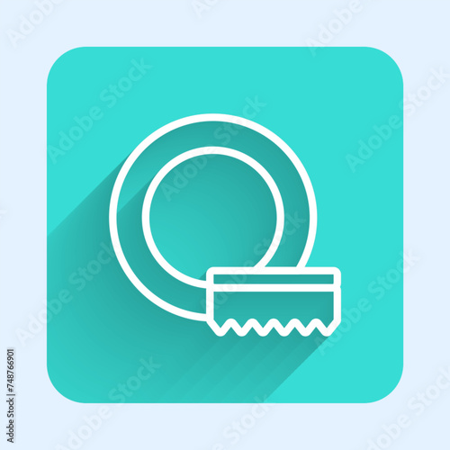 White line Washing dishes icon isolated with long shadow background. Cleaning dishes icon. Dishwasher sign. Clean tableware sign. Green square button. Vector