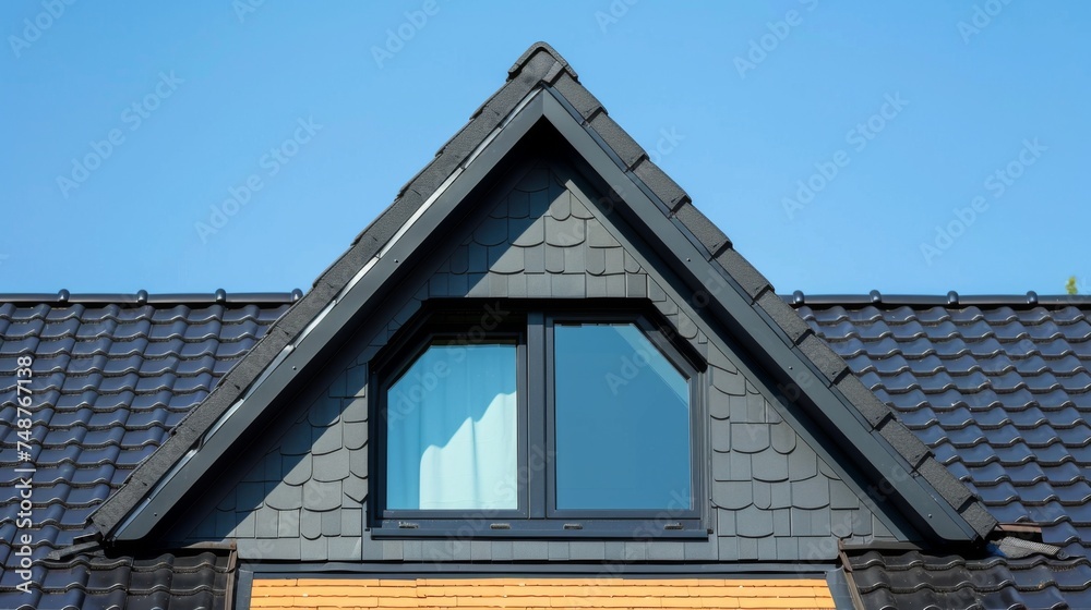 A sleek dark metal dart roof window installed on a pitched roof under a clear blue sky.