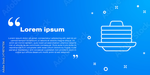 White line Stack of pancakes with honey icon isolated on blue background. Breakfast concept. Vector