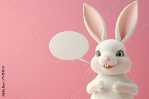 Cute cartoon bunny easter with empty speech bubble in studio background.