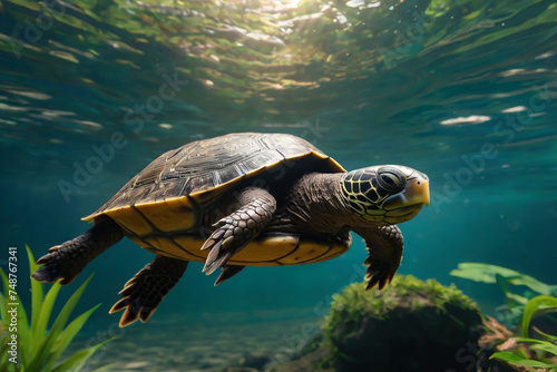 A big Amazon river turtle swimming underwater.