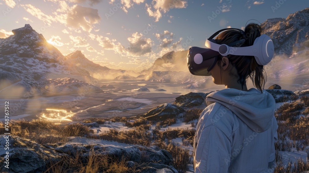 A person immersed in a virtual reality simulation stands in awe of the sunlit, snowy mountain landscape surrounding them.