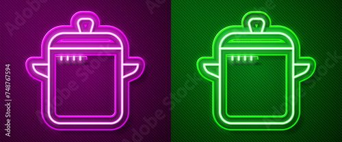 Glowing neon line Cooking pot icon isolated on purple and green background. Boil or stew food symbol. Vector