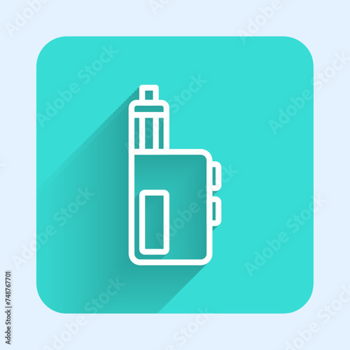 White line Vape mod device icon isolated with long shadow background. Vape smoking tool. Vaporizer Device. Green square button. Vector