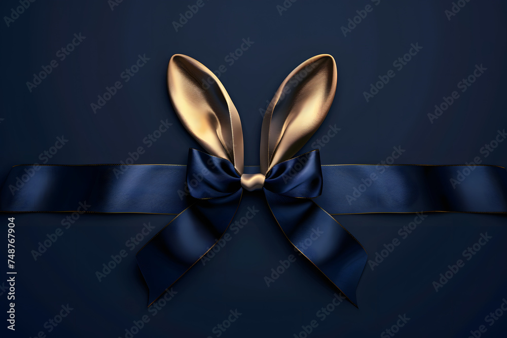 Luxury bow and ribbon with Easter bunny rabbit shaped on dark background. - obrazy, fototapety, plakaty 