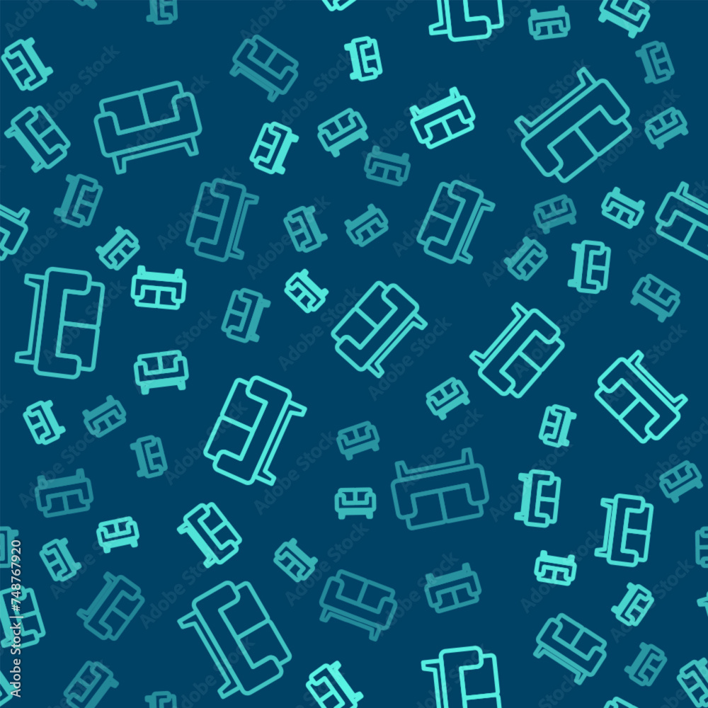 Green line Sofa icon isolated seamless pattern on blue background. Vector Green line Sofa icon isolated seamless pattern on blue background. Vector