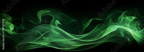 Banner with abstract green flames of fire with burning smoke float up black background.