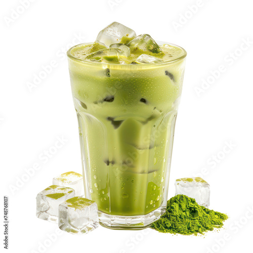 Iced milk on top Macha green tea, isolated on transparent png.