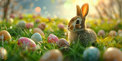 Happy bunny with many easter eggs on grass festive background for decorative design,Easter bunny poster background 