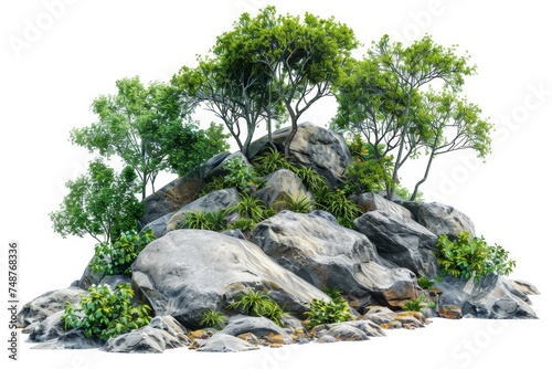 Trees in a forest on an island. Rocks on the island. A white background isolates the trees and mountain.
