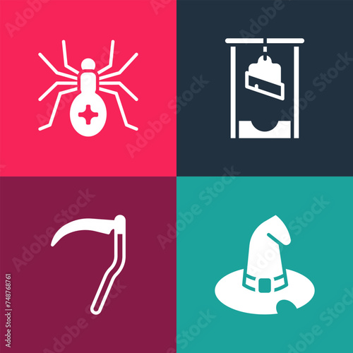 Set pop art Witch hat, Scythe, Guillotine and Spider icon. Vector