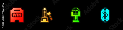 Set Circus ticket, Striker attraction with hammer, Attraction carousel and Hotdog sandwich icon. Vector