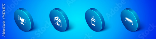Set Isometric Swing plane, Paper glass with water, Jumping trampoline and Circus tent icon. Vector