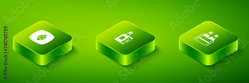 Set Isometric Beer bottle and beer can, Pack of bottles and Hop icon. Vector