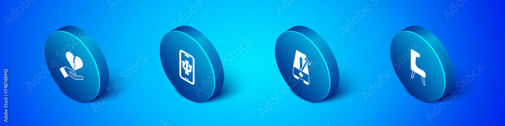 Set Isometric Broken heart or divorce, Metronome with pendulum, Armchair and Psychologist online icon. Vector Set Isometric Broken heart or divorce, Metronome with pendulum, Armchair and Psychologist online icon. Vector