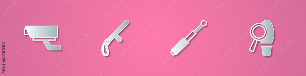 Set paper cut Security camera, Police rubber baton, Telescopic and Footsteps icon. Paper art style. Vector Set paper cut Security camera, Police rubber baton, Telescopic and Footsteps icon. Paper art style. Vector