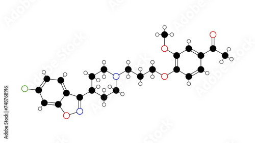 iloperidone molecule, structural chemical formula, ball-and-stick model, isolated image fanapt