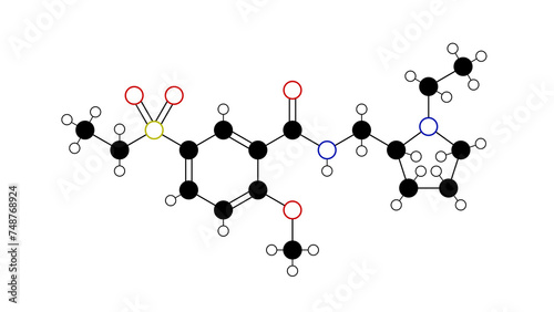 sultopride molecule, structural chemical formula, ball-and-stick model, isolated image barnetil