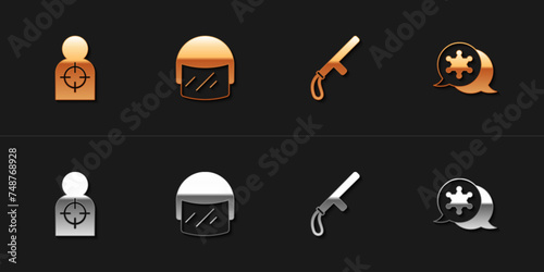 Set Human target sport for shooting, Police helmet, rubber baton and Hexagram sheriff icon. Vector