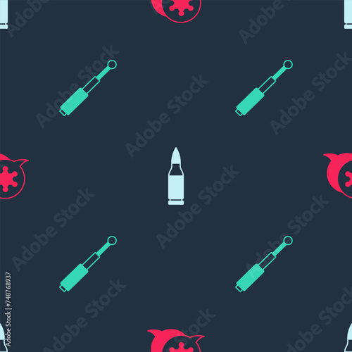 Set Hexagram sheriff, Bullet and Telescopic baton on seamless pattern. Vector