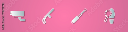 Set paper cut Security camera, Police rubber baton, Telescopic and Footsteps icon. Paper art style. Vector
