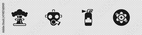Set Nuclear explosion, Gas mask, Fire extinguisher and Atom icon. Vector