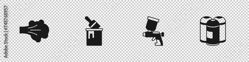 Set Paint spray, bucket with brush, gun and can icon. Vector