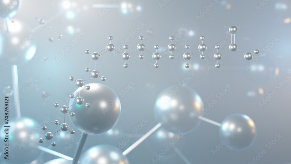 palmitoleic acid molecular structure, 3d model molecule, omega-7, structural chemical formula view from a microscope palmitoleic acid molecular structure, 3d model molecule, omega-7, structural chemical formula view from a microscope