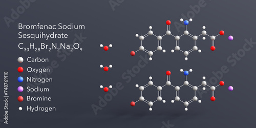 bromfenac sodium sesquihydrate molecule 3d rendering, flat molecular structure with chemical formula and atoms color coding photo