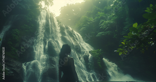 woman standing next to the waterfall of a tropical jungle
