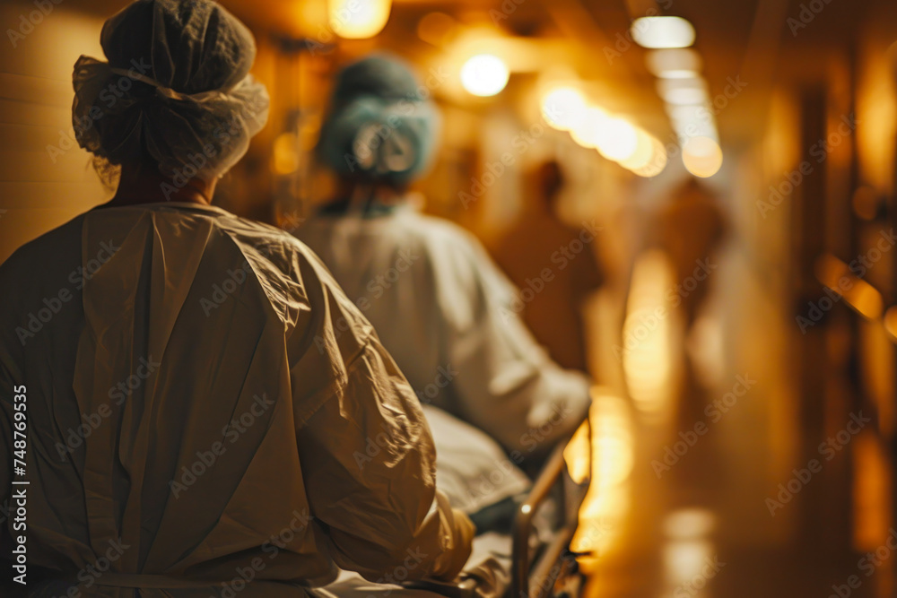 Obraz premium Healthcare Worker in Hospital Corridor with Patient.