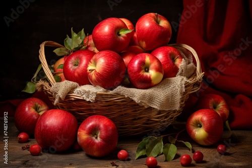 Harvest of red ripe apples collected in a basket. The concept for the development of horticultural farms, small businesses, growing non-GMO products.