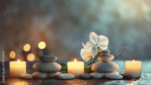 Zen Stones Aligned with Orchid Beauty and Candlelight Ambiance