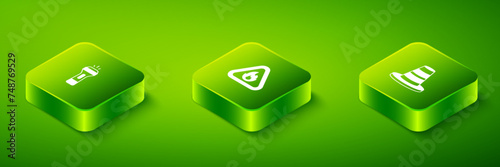 Set Isometric Fire flame in triangle, Traffic cone and Flashlight icon. Vector