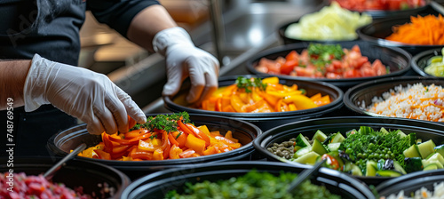 Fototapeta Naklejka Na Ścianę i Meble -  An employee at a hotel buffet, where a halal kitchen is present, is wearing protective gloves. 