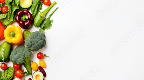 Veggies with a white background and a top view of health food. Generative Ai