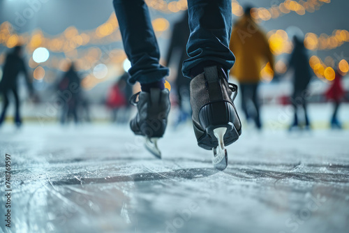 Close-up Ice Skates on Rink with Bokeh Lights.