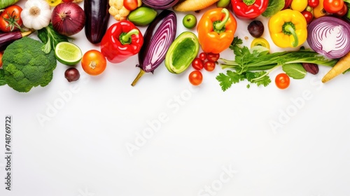 Veggies with a white background and a top view of health food. Generative Ai photo