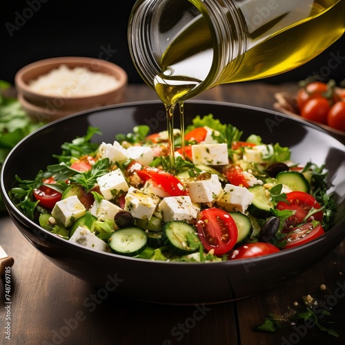 Olive oil is poured into a bowl of fresh salad.