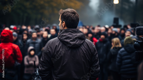 Man Standing Before a Crowd in a Public Gathering.