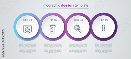 Wallpaper Mural Set line First aid kit, Medicine bottle, Magnifying glass for search medical and Medical thermometer. Business infographic template. Vector Torontodigital.ca