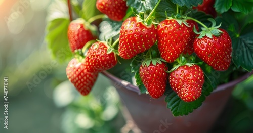 The Idyllic Beauty of Ripe Organic Strawberries in Their Natural Habitat. Strawberries in flowerpot concept.