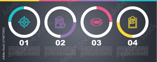 Set line Target sport, Checklist clipboard and tennis ball, American Football and Sport training program. Business infographic template. Vector