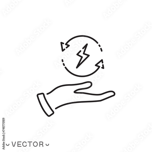 save energy icon, hand saving consumption, control electricity power, thin line symbol isolated on white background, editable stroke eps 10 vector illustration