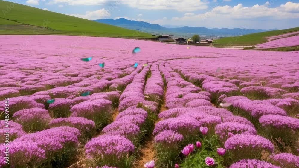 A view of pink flower fields in spring, butterflies fluttering in the morning. Seamless looping 4k time-lapse animation video background A view of pink flower fields in spring, butterflies fluttering in the morning. Seamless looping 4k time-lapse animation video background