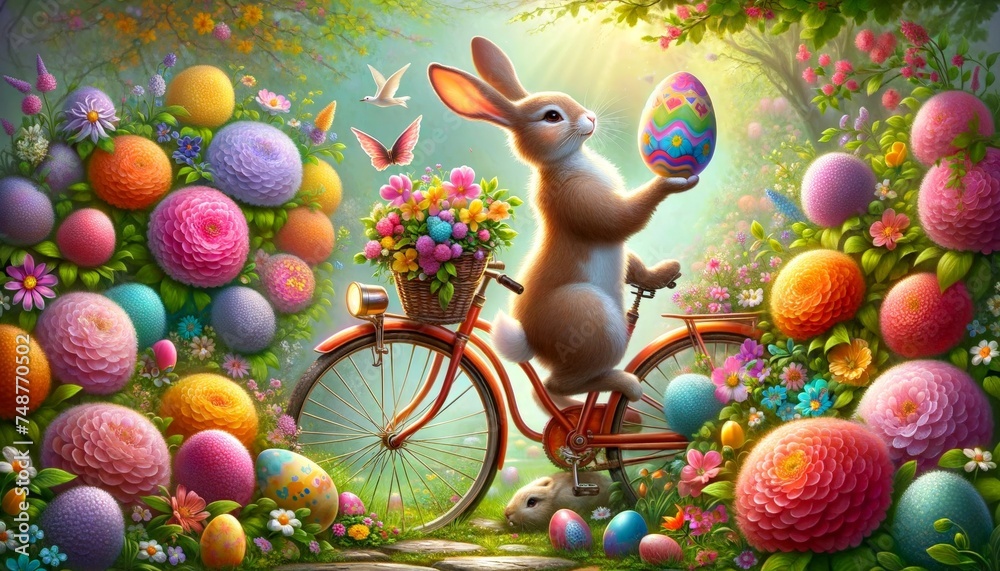 Easter Bunny Enjoying Spring Ride on Bicycle