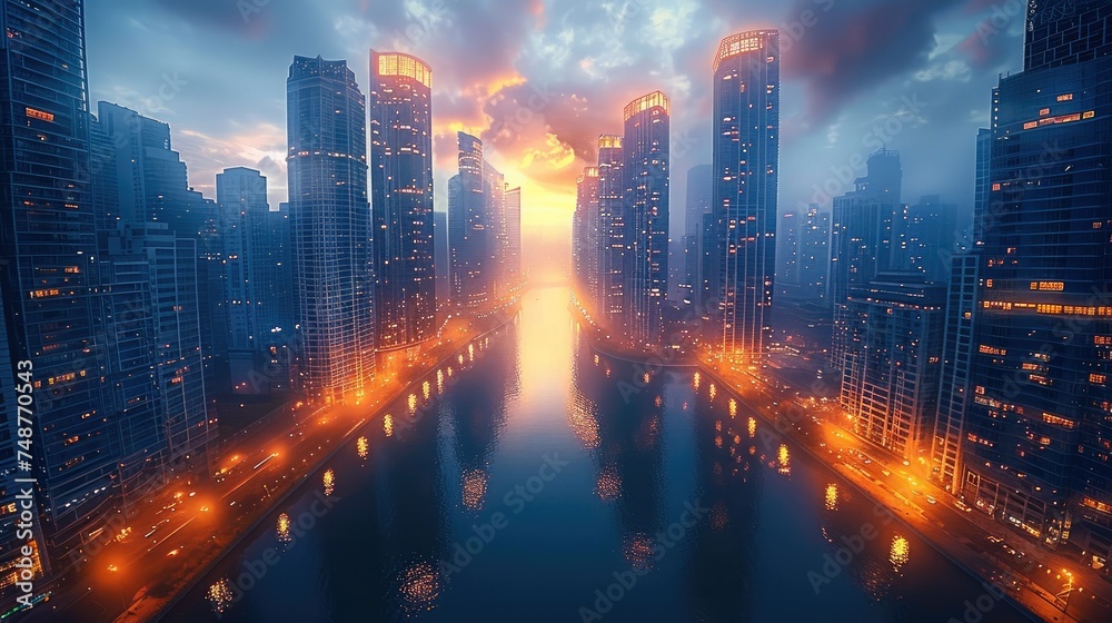 Night skyscraper city landscape with lights on and sunset. Generative AI. - obrazy, fototapety, plakaty 